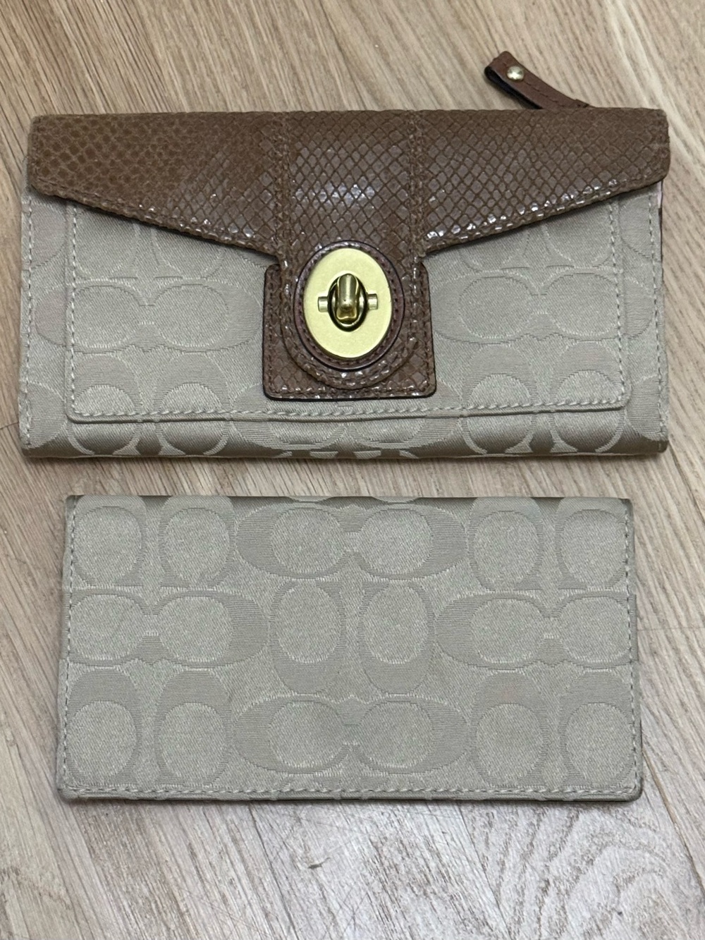 Coach Signature Canvas & Snakeskin Turn Lock Wallet w/Checkbook